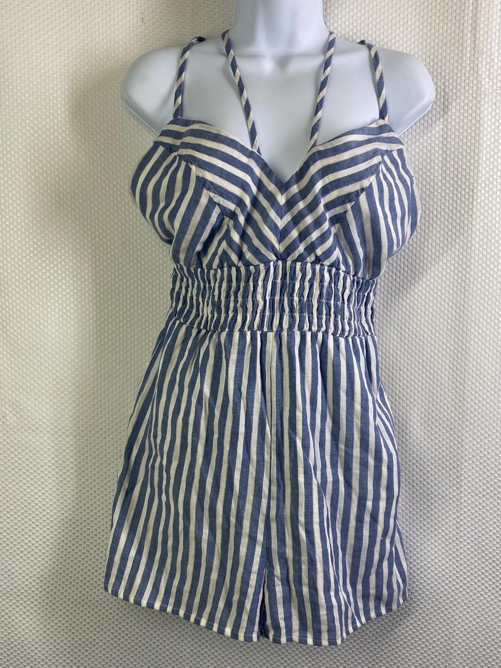 Row-A Blue White Striped Halter Neck Shirred Waist Romper Jumpsuit Size L